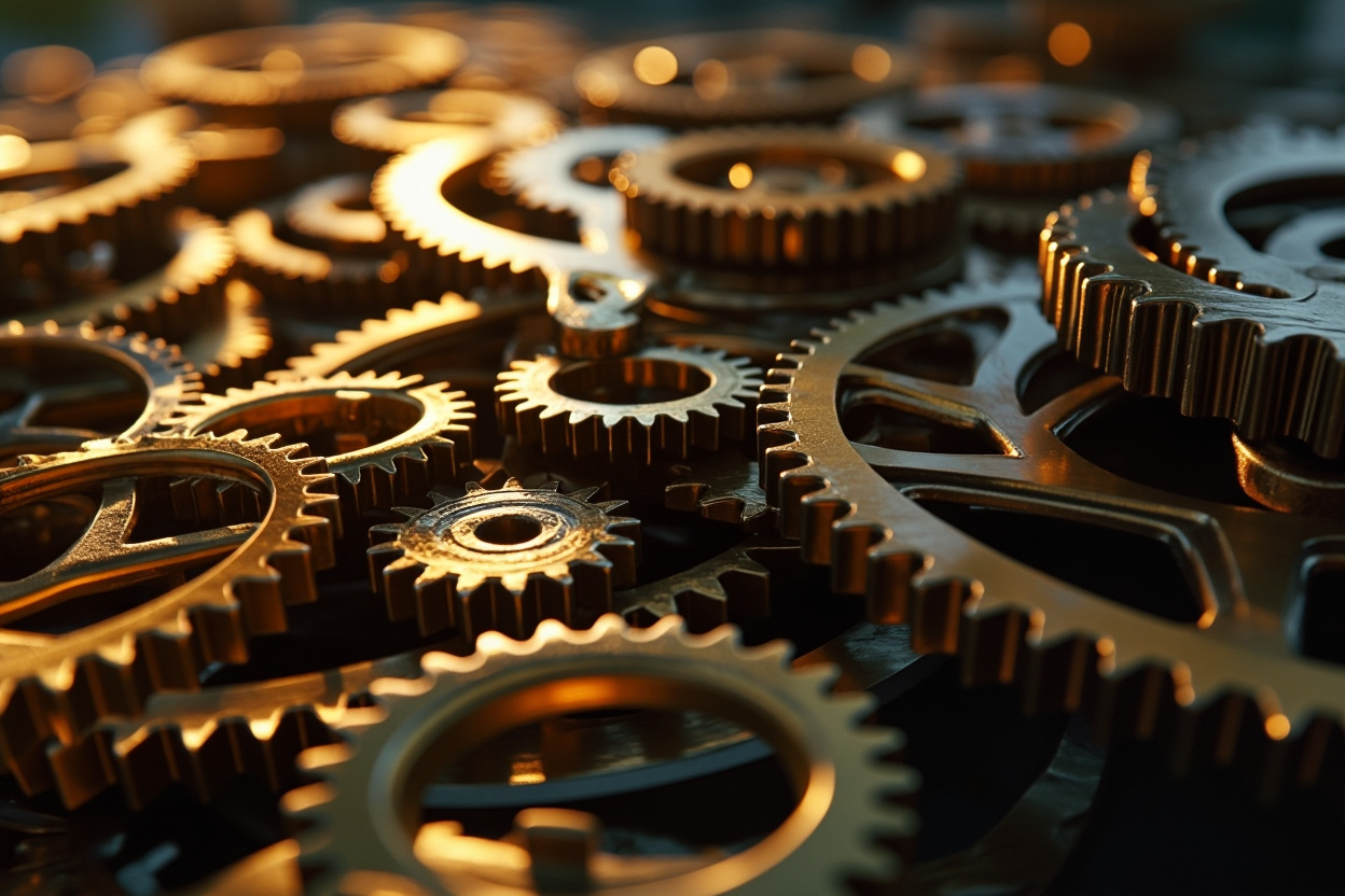 Conceptual image of interconnected gears symbolizing Kubernetes cloud native architecture.