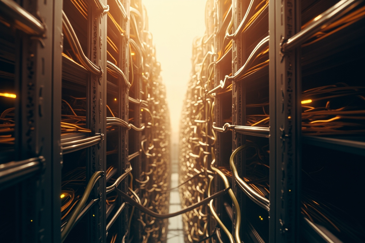 Interconnected servers representing the complexity of Kubernetes pricing, with a focus on network infrastructure.