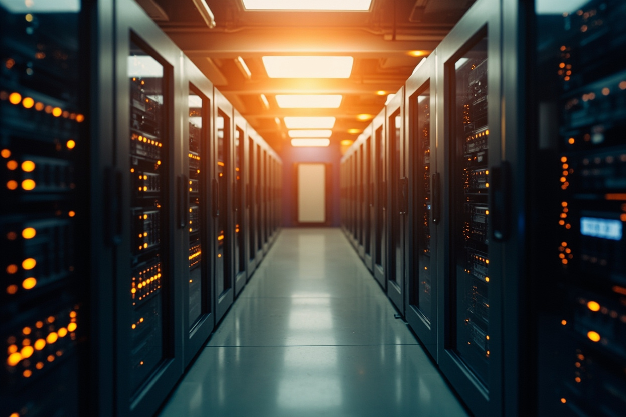 Interconnected server racks representing Kubernetes' scalable infrastructure.