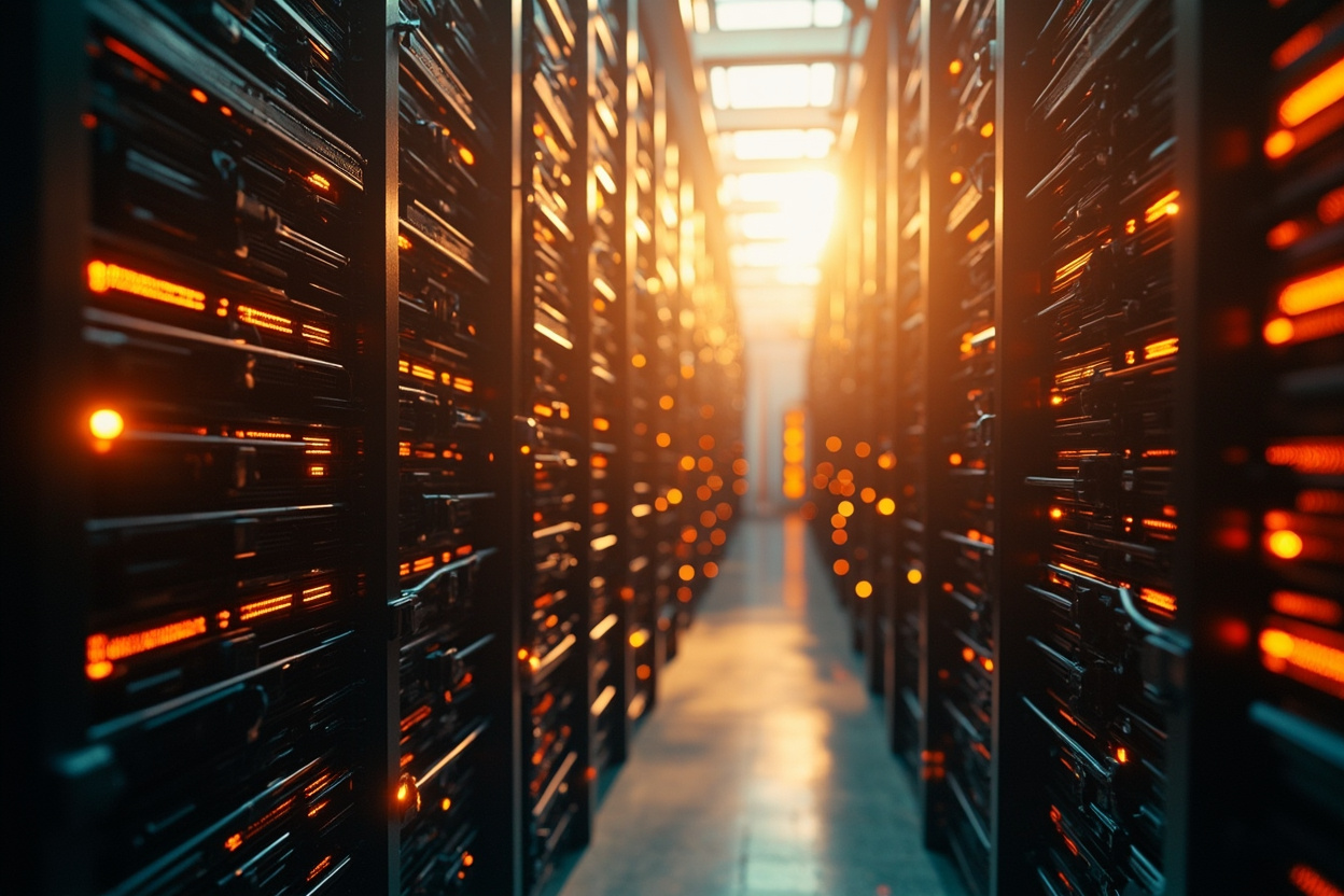 Photorealistic server racks representing Kubernetes cluster monitoring, symbolizing interconnected systems and data flow.
