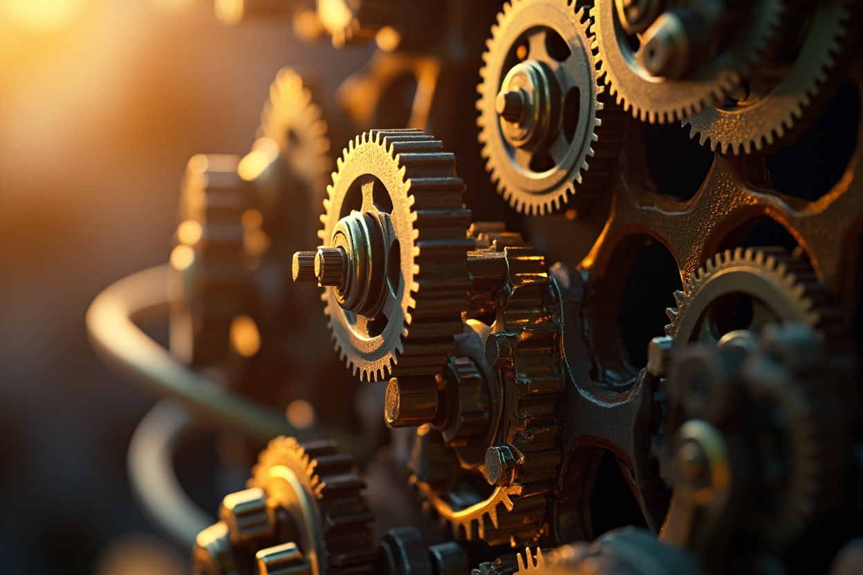 Interconnected gears symbolize Kubernetes pods optimized for performance.