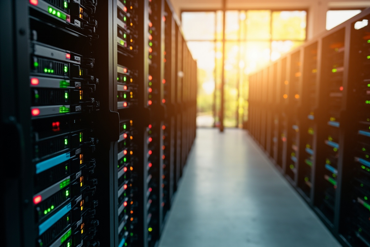 Interconnected server racks representing Kubernetes support and scalable infrastructure.