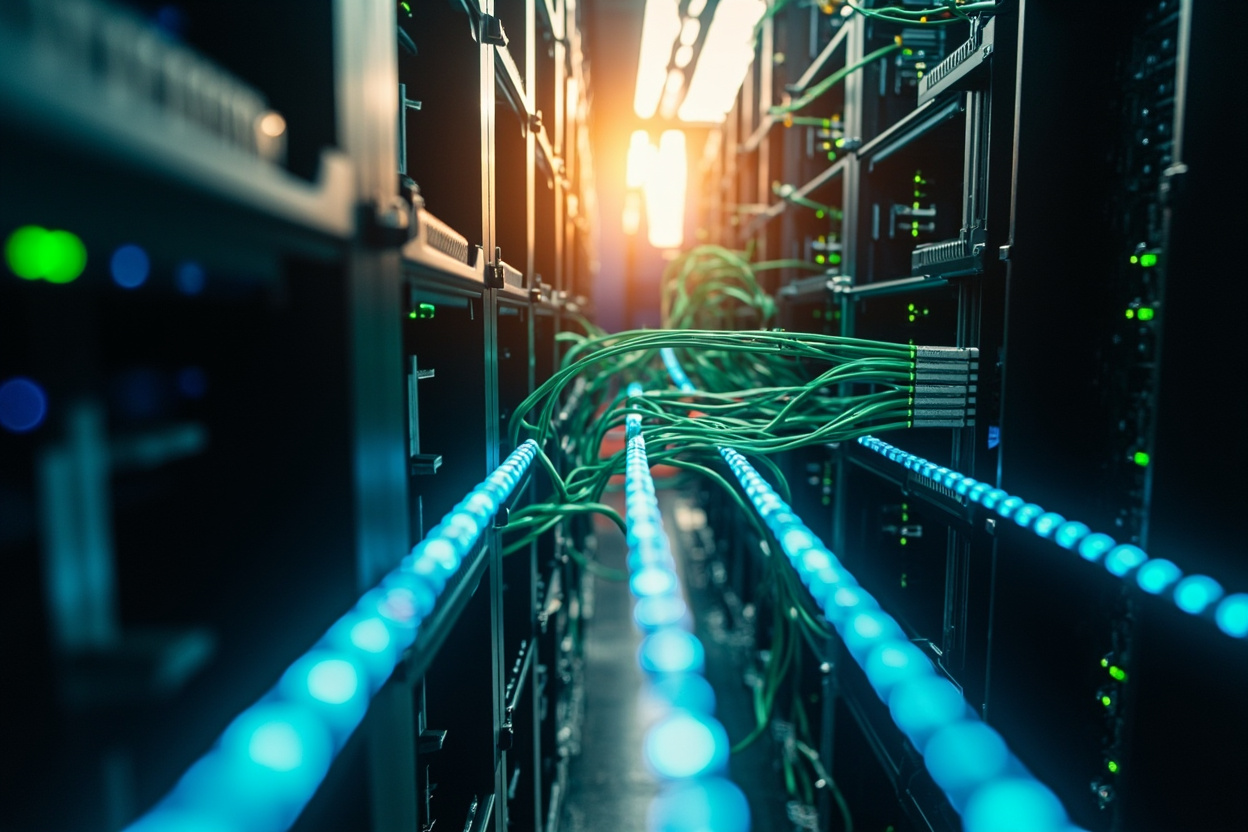 A network of interconnected servers with data streams, representing Kubernetes monitoring and data flow.