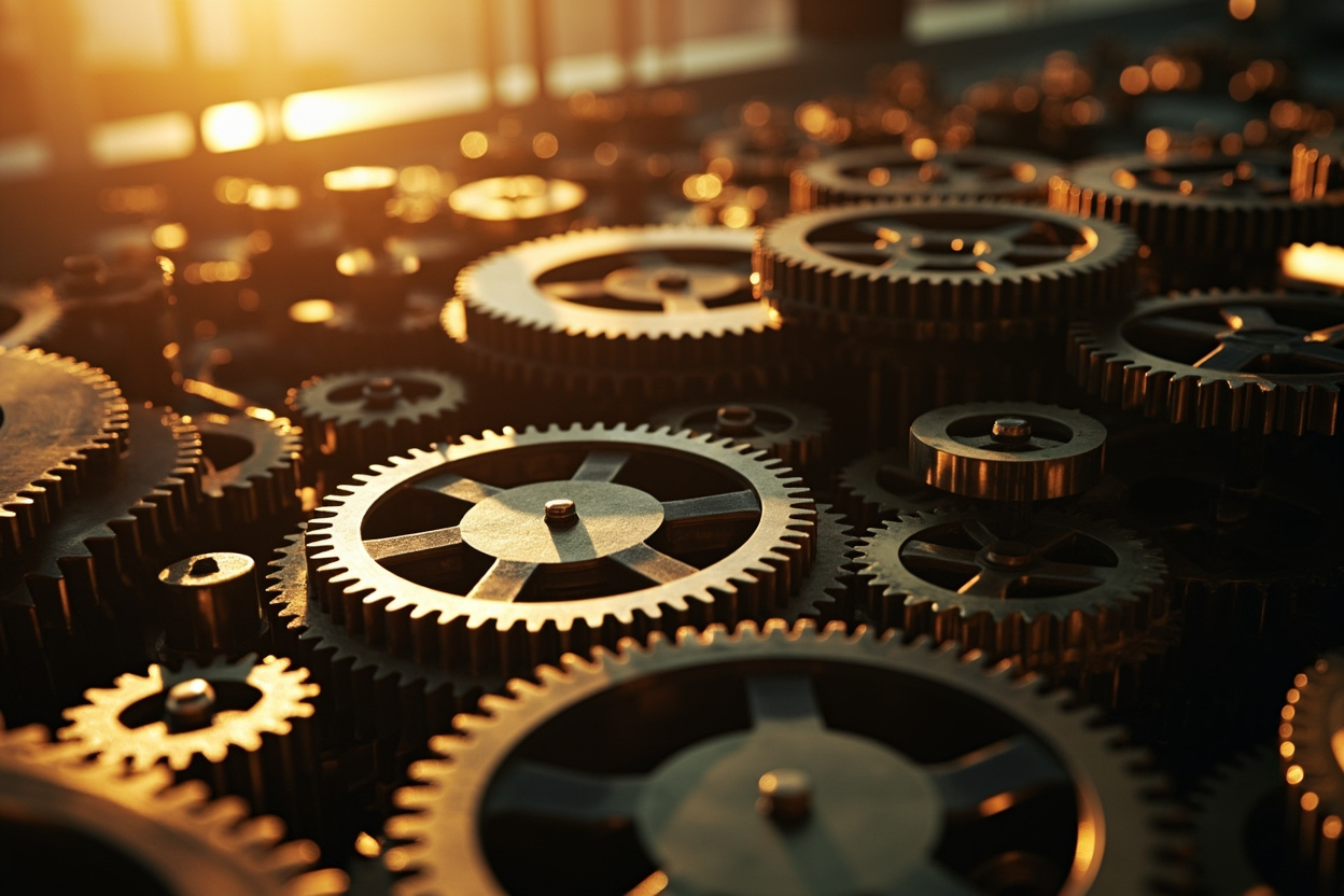 Photorealistic image of interconnected gears representing Kubernetes optimization within a cluster, set against a blurred background with warm lighting.
