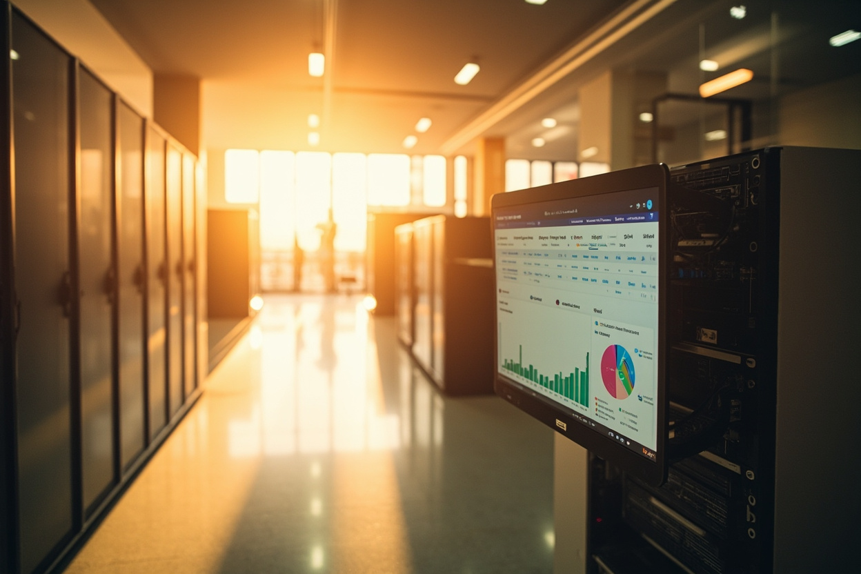 Photorealistic server room depicting optimized Kubernetes resource utilization.