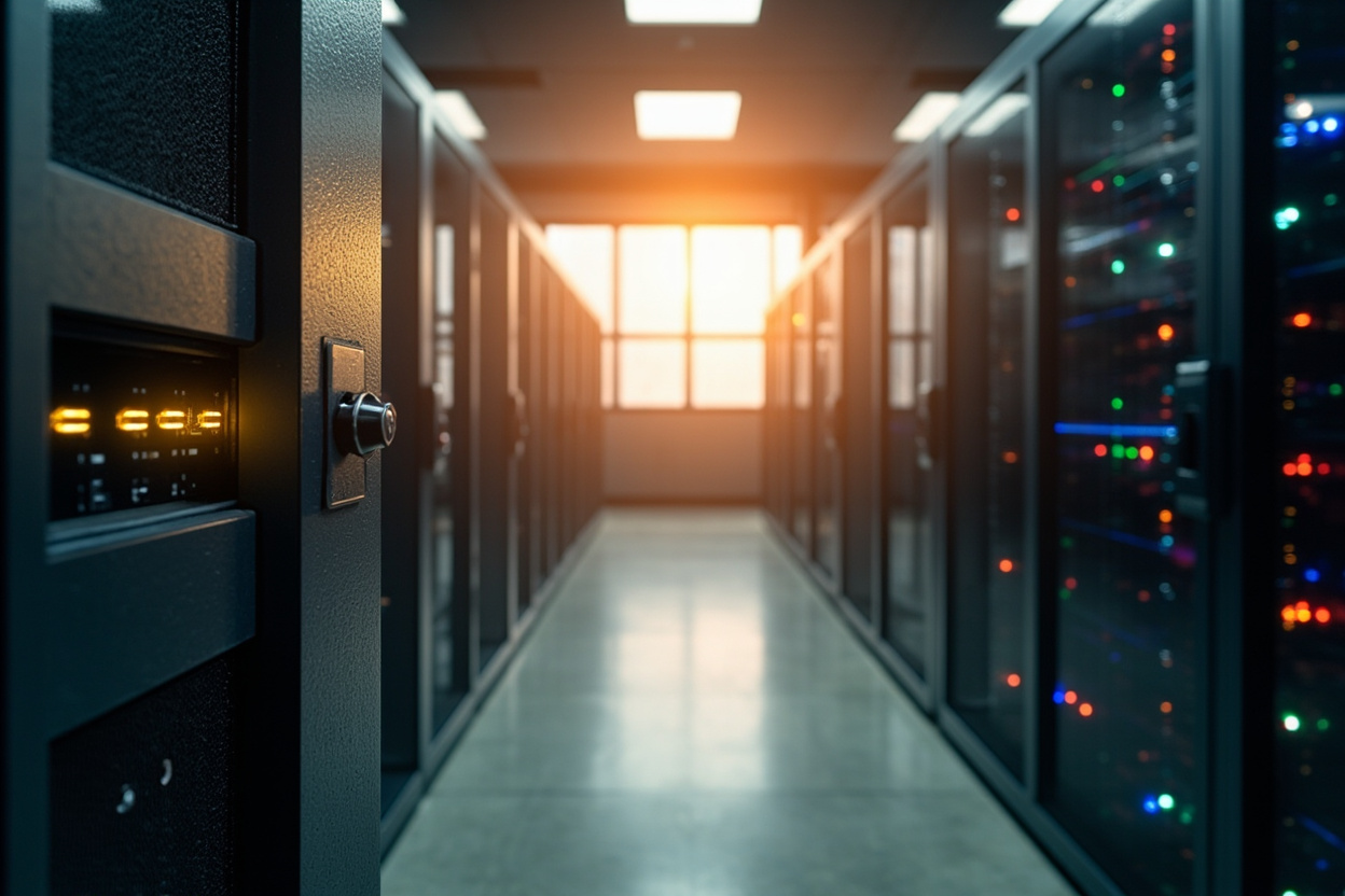 A secure server room symbolizes Kubernetes security hardening, emphasizing protection and best practices.