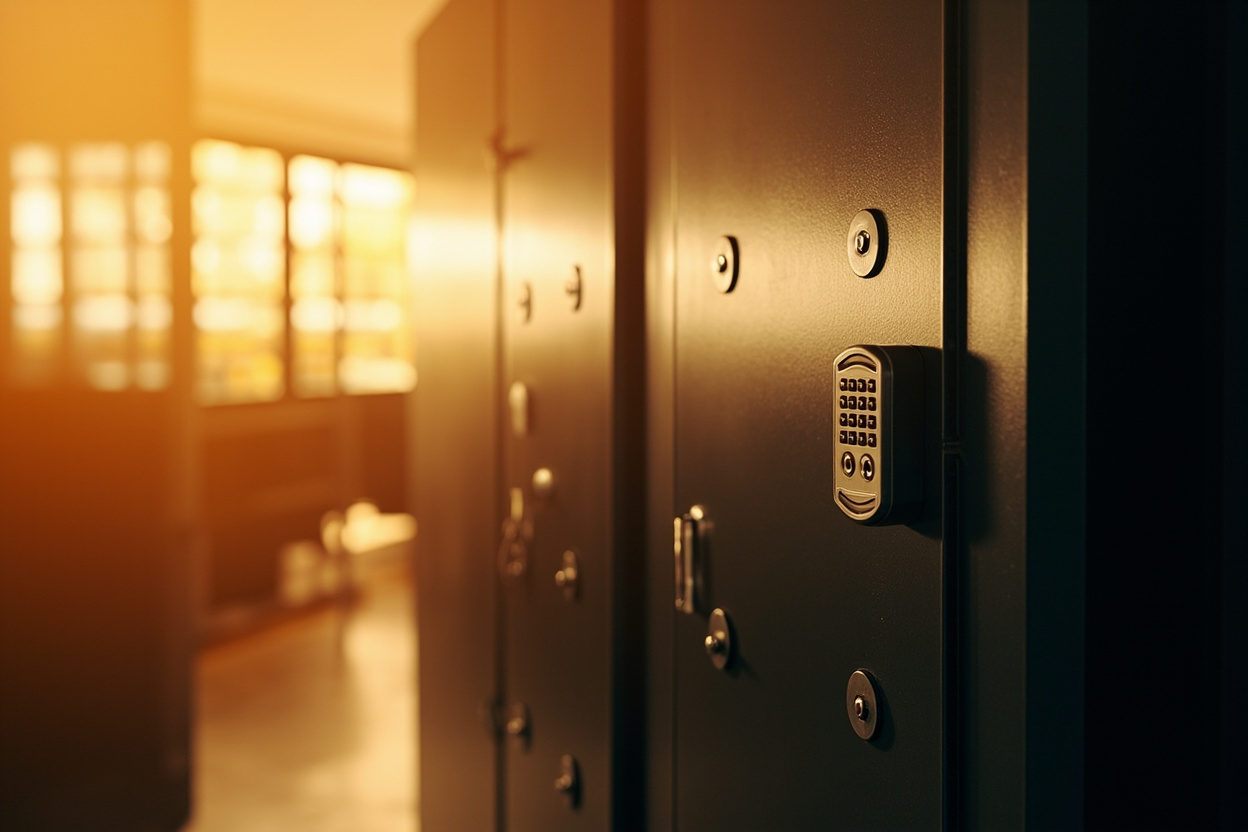 A locked server room door symbolizes Kubernetes access control, ensuring only authorized personnel can access sensitive data.