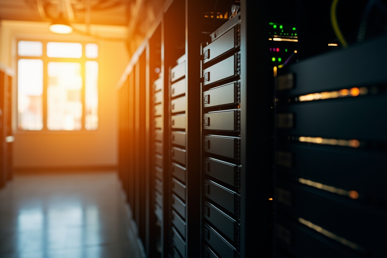 A secure server rack in a data center, symbolizing Kubernetes policy enforcement.