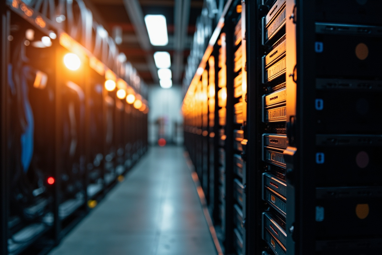 Photorealistic image of interconnected server racks representing Kubernetes infrastructure management.
