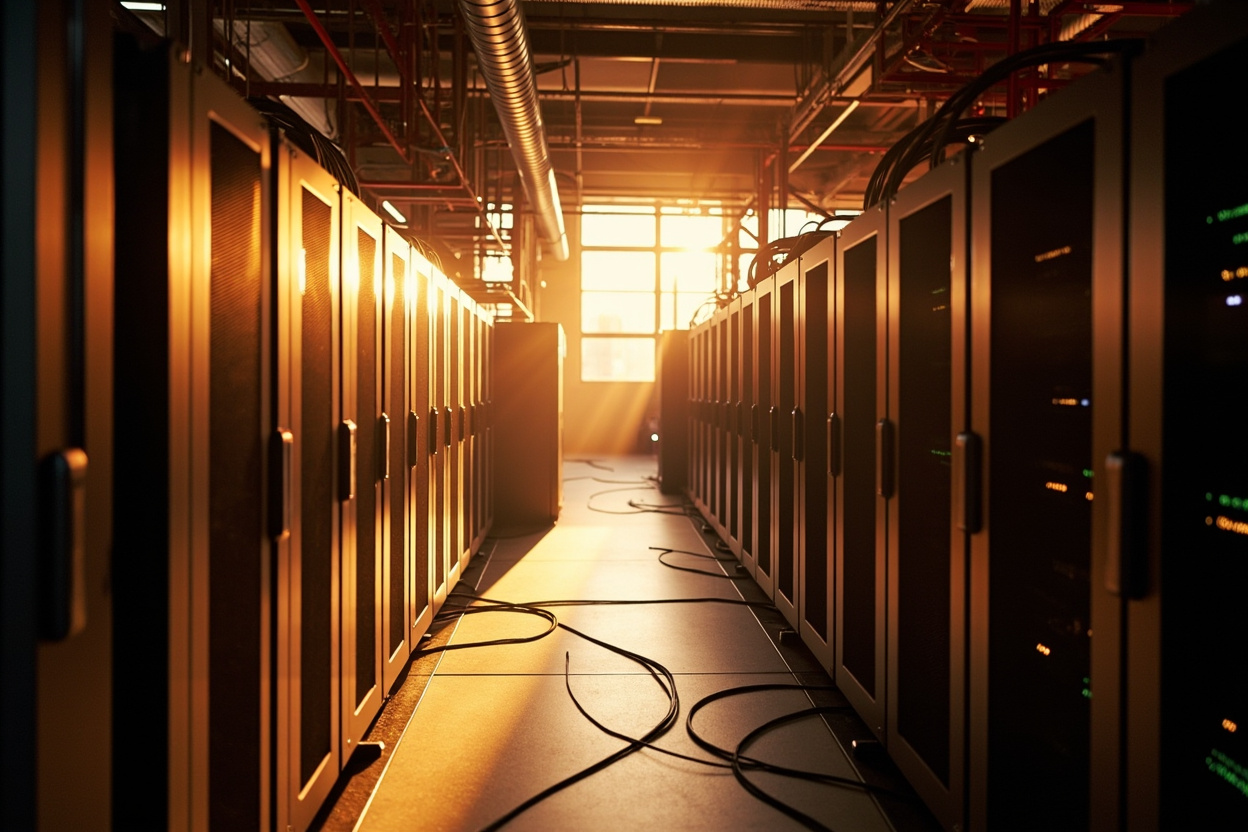 Photorealistic server room representing Kubernetes application deployment, showcasing interconnectedness and complexity.