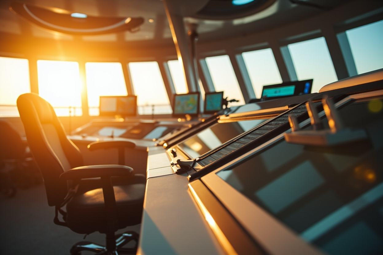 Automated control room managing container ships, symbolizing Kubernetes container management.