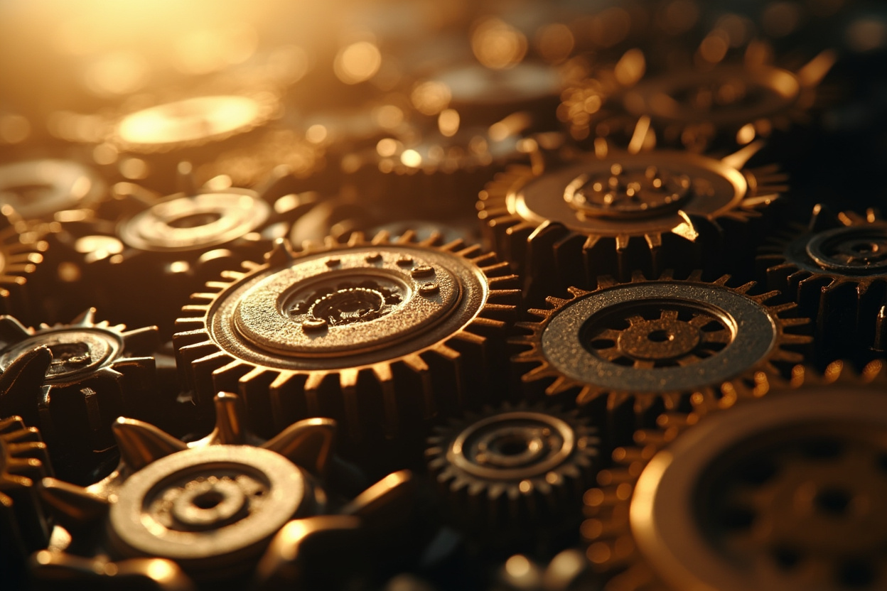 Photorealistic image of interconnected gears symbolizing Kubernetes resource management, set against a blurred background with warm lighting.