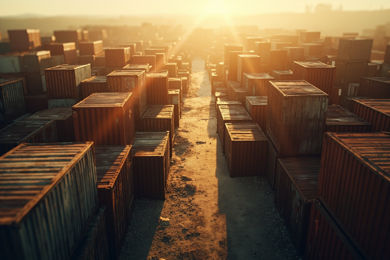 Interconnected shipping containers representing Kubernetes and Docker working together to manage and deploy applications.