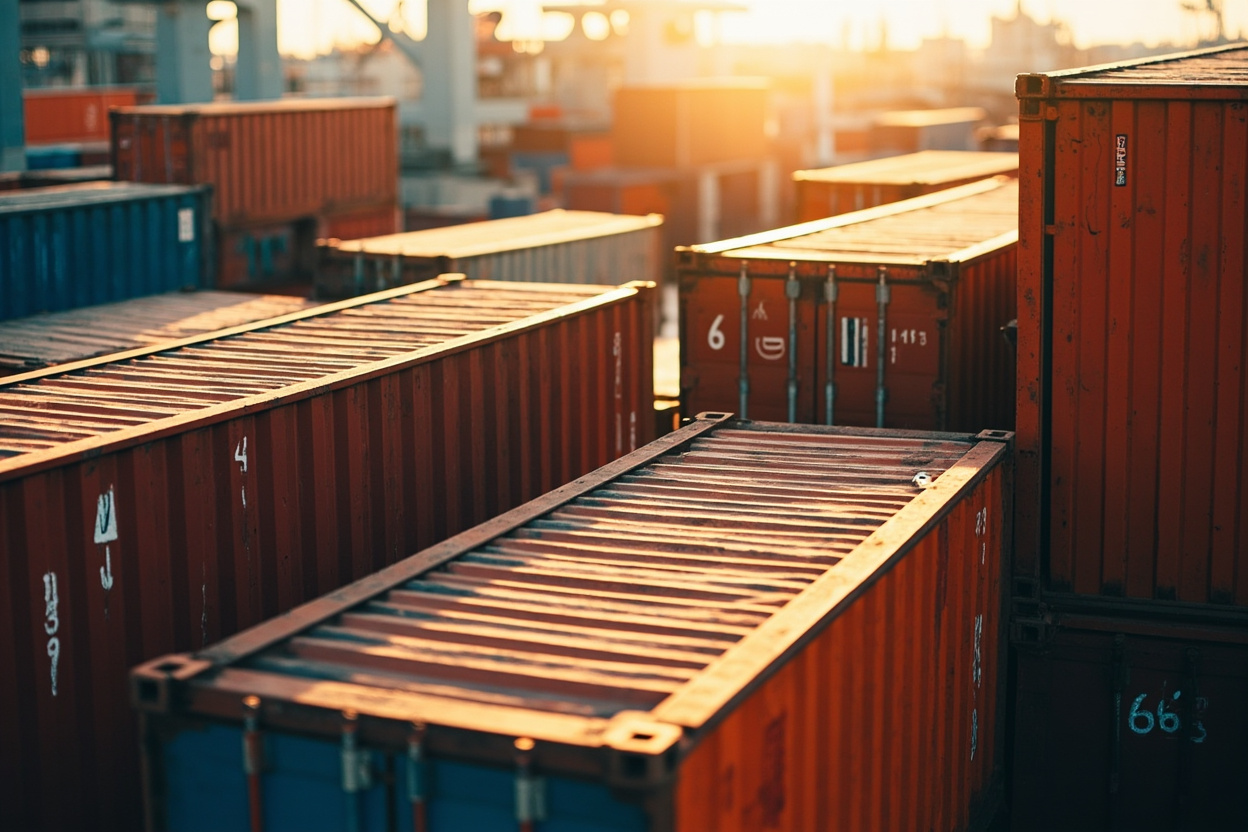 Interconnected shipping containers representing Docker and Kubernetes working together to manage and deploy applications.