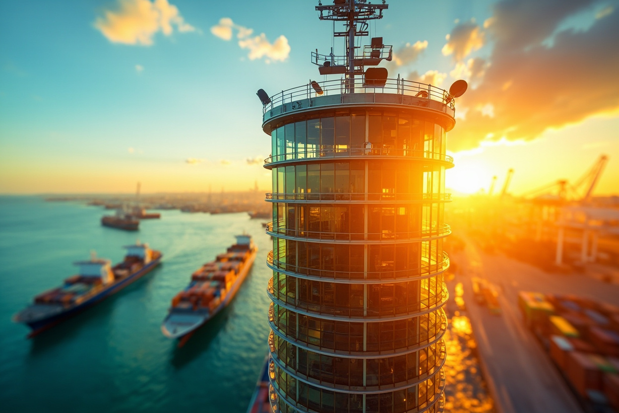 A traffic control tower overseeing container ships, symbolizing Kubernetes Ingress managing network traffic.