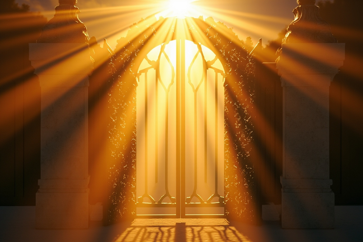 A gate controlling streams of light, symbolizing Kubernetes Ingress managing network traffic.