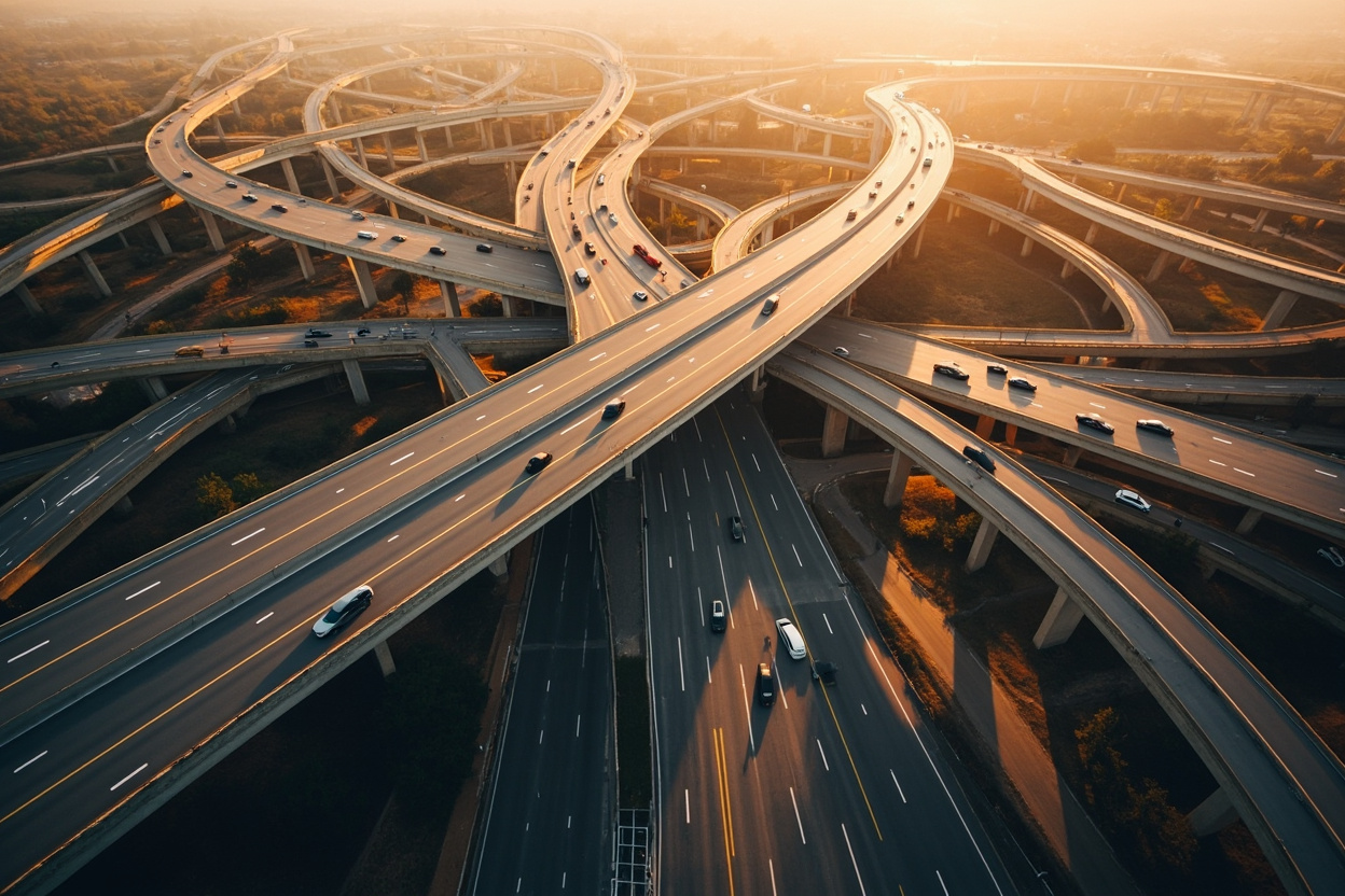 A complex highway interchange symbolizing Kubernetes Ingress managing network traffic.