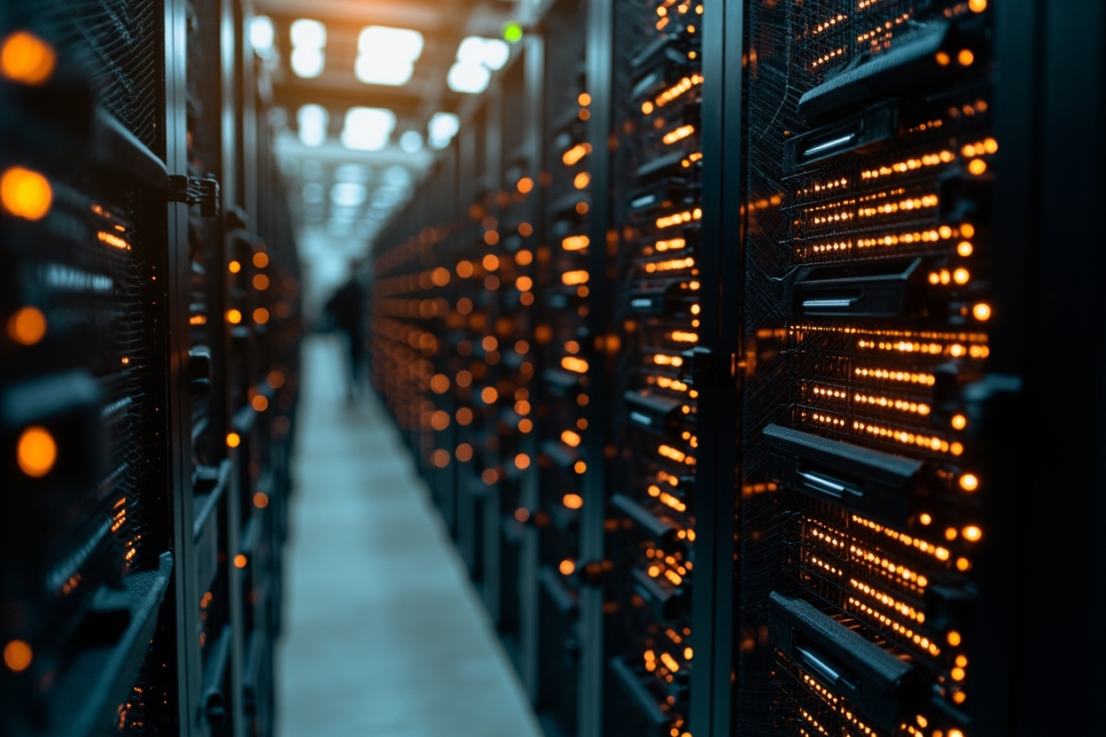 Interconnected server racks with glowing configuration icons representing Kubernetes ConfigMaps for centralized configuration management.