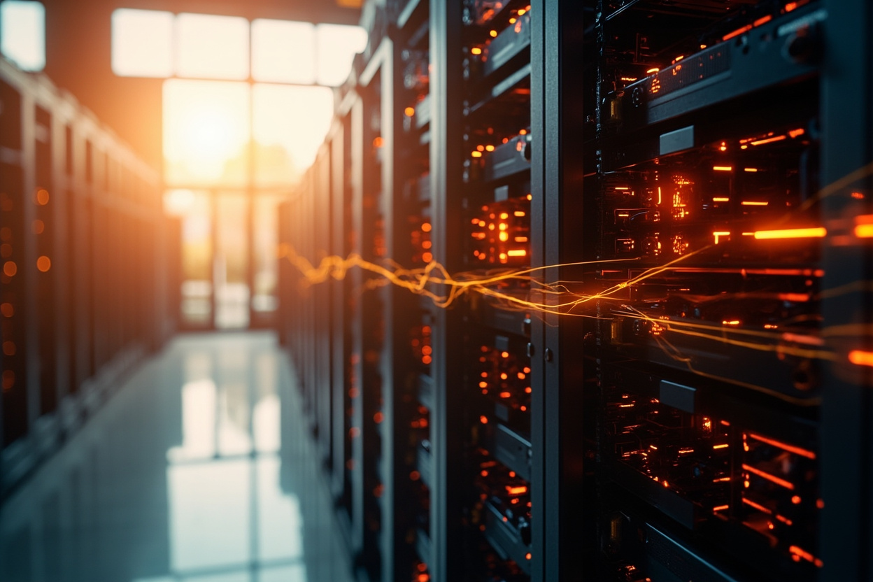 Interconnected server racks with glowing data streams representing Kubernetes monitoring.