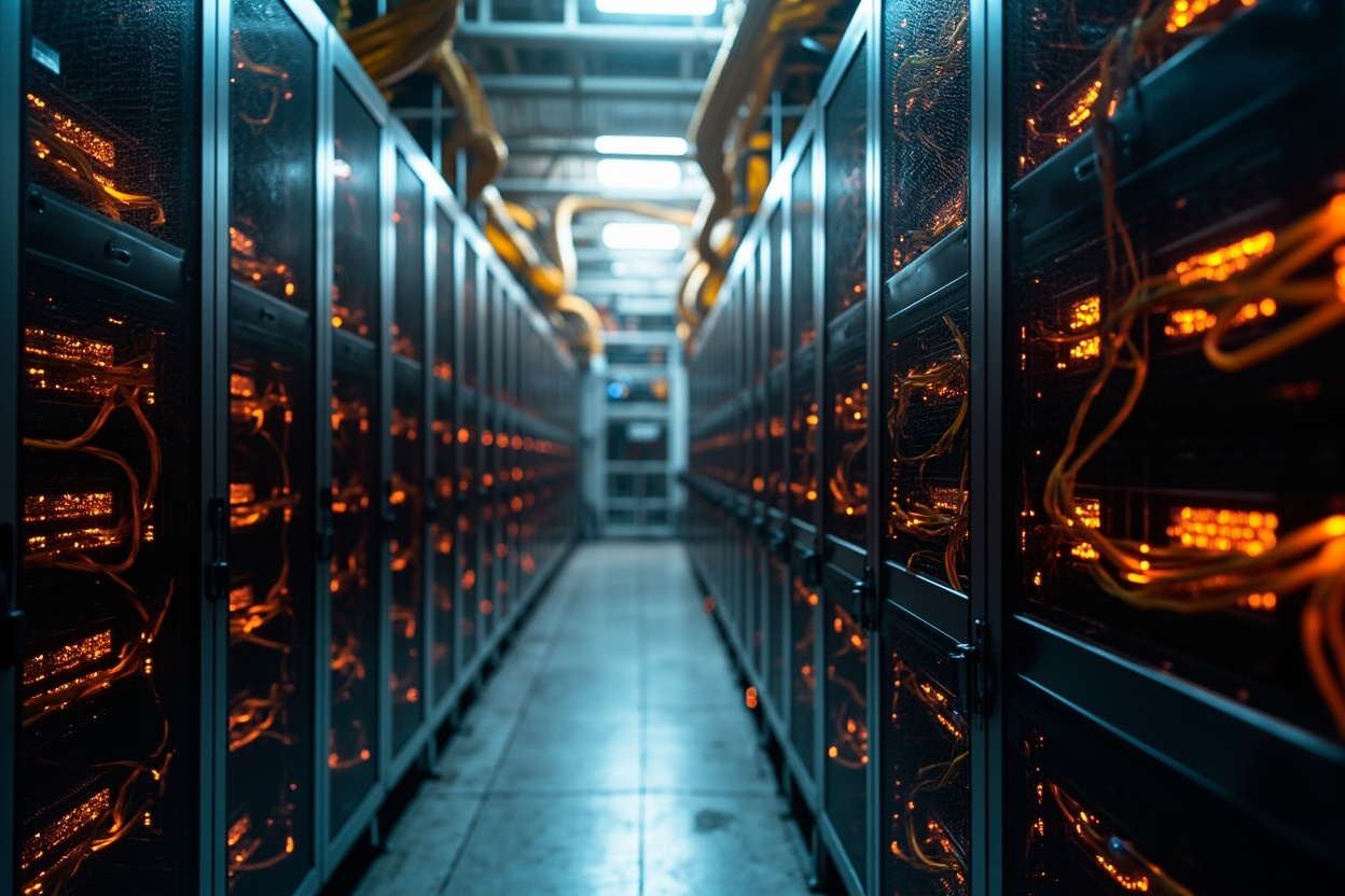 Photorealistic server racks interconnected by glowing network cables, representing Kubernetes network policies and secure data flow.