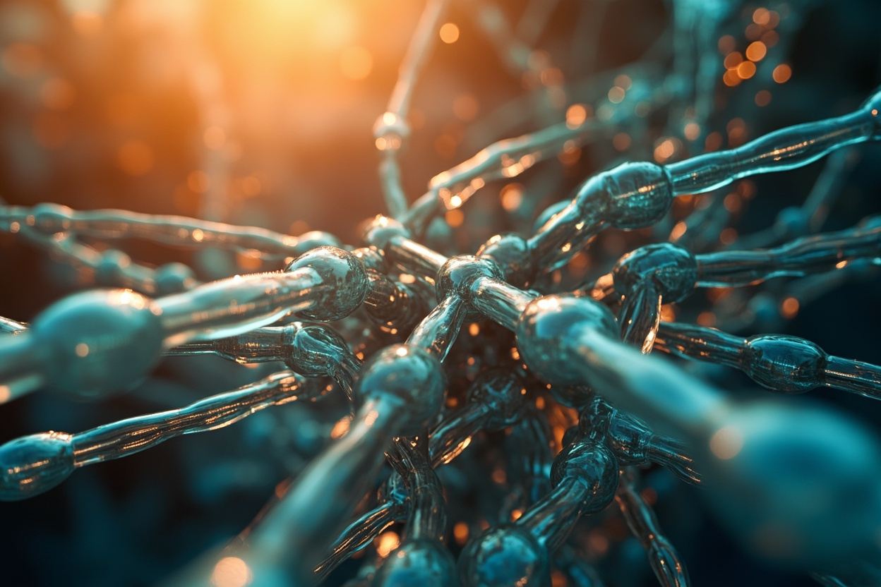 Photorealistic image of interconnected glass pipes symbolizing Kubernetes networking, set against a blurred background with warm lighting.