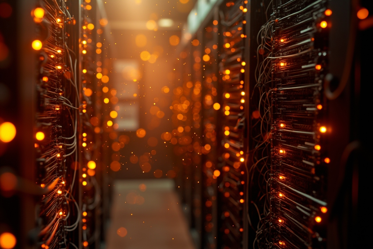 A network of interconnected servers with data streams, representing Kubernetes logging.