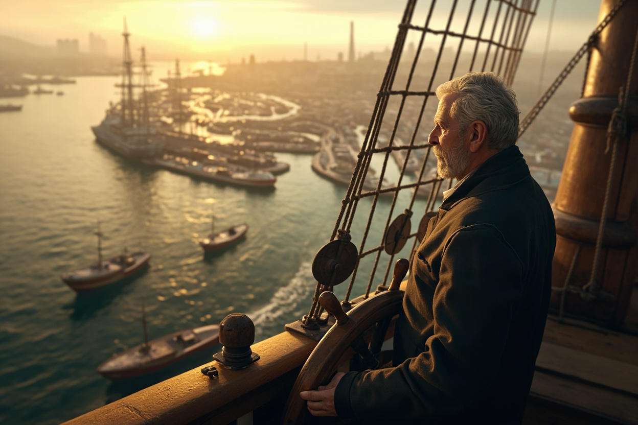 A ship captain navigating a complex harbor, symbolizing expert Kubernetes consulting guiding through complex systems.