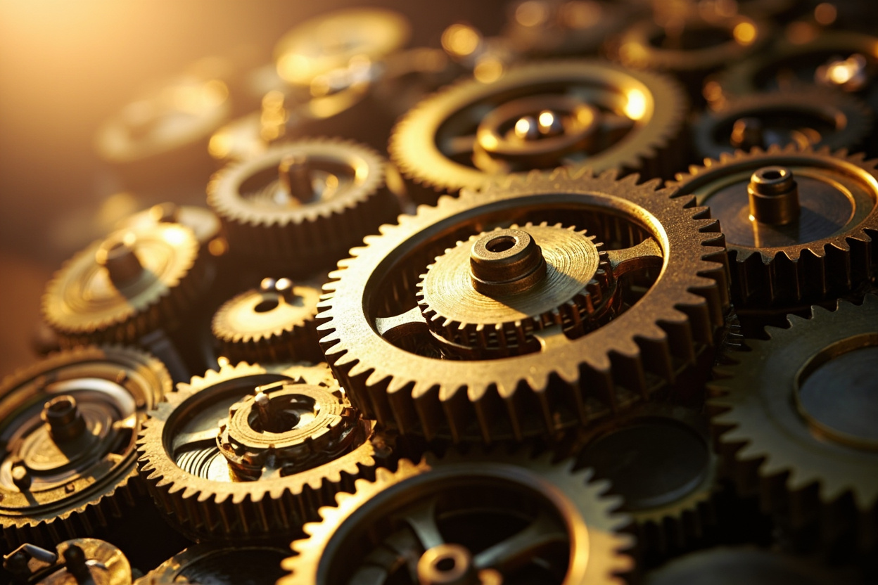 Interconnected gears symbolize Kubernetes microservices, illustrating their collaborative functionality.