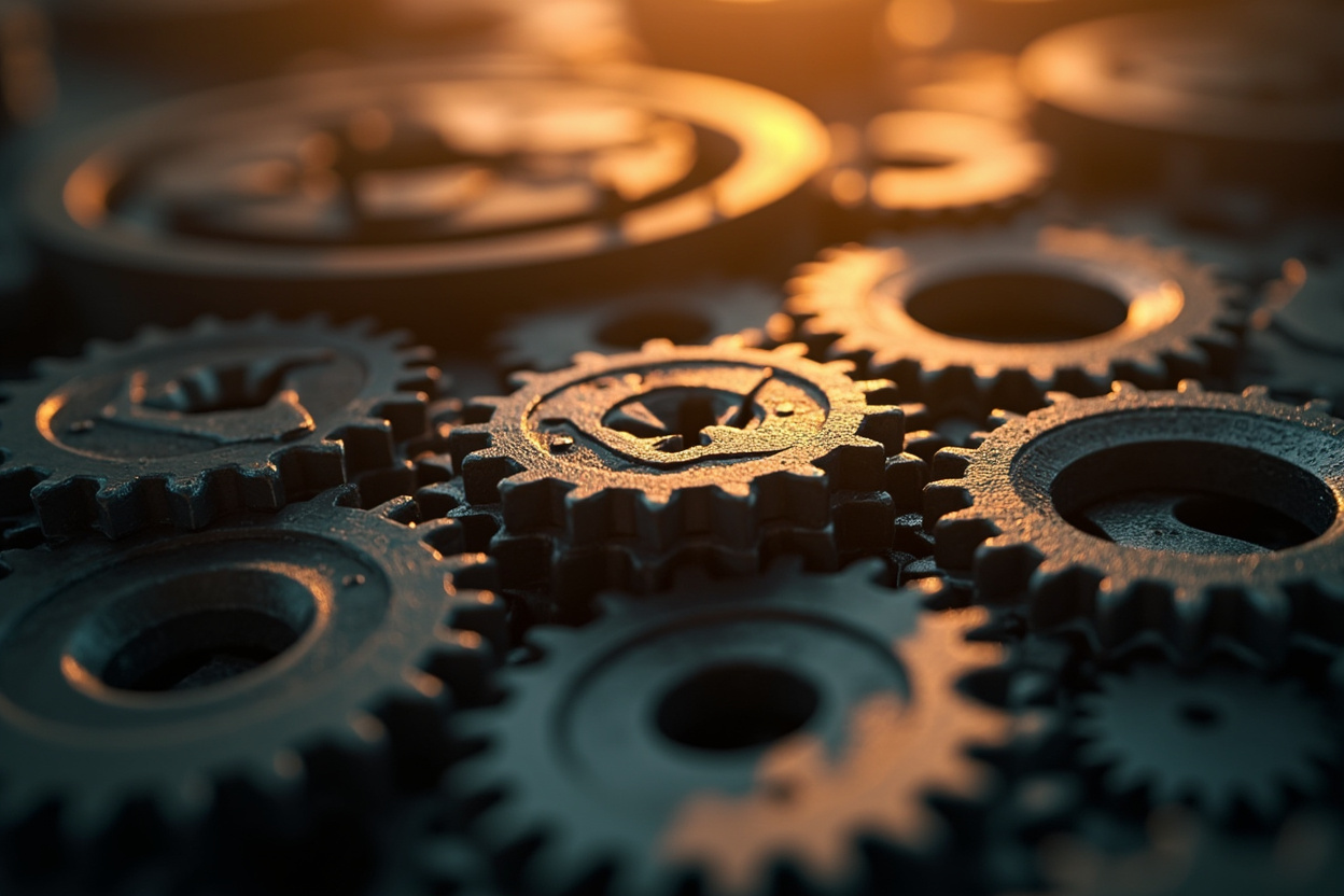 Interconnected gears symbolize microservices managed by Kubernetes, illustrating scalable application architecture.