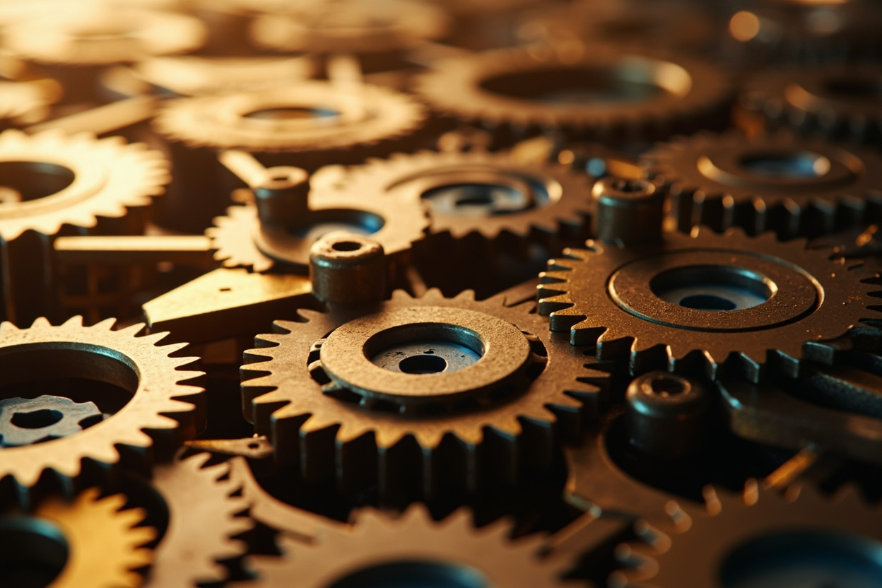 Interconnected gears symbolize Kubernetes platforms, illustrating the comparison of K8s solutions.