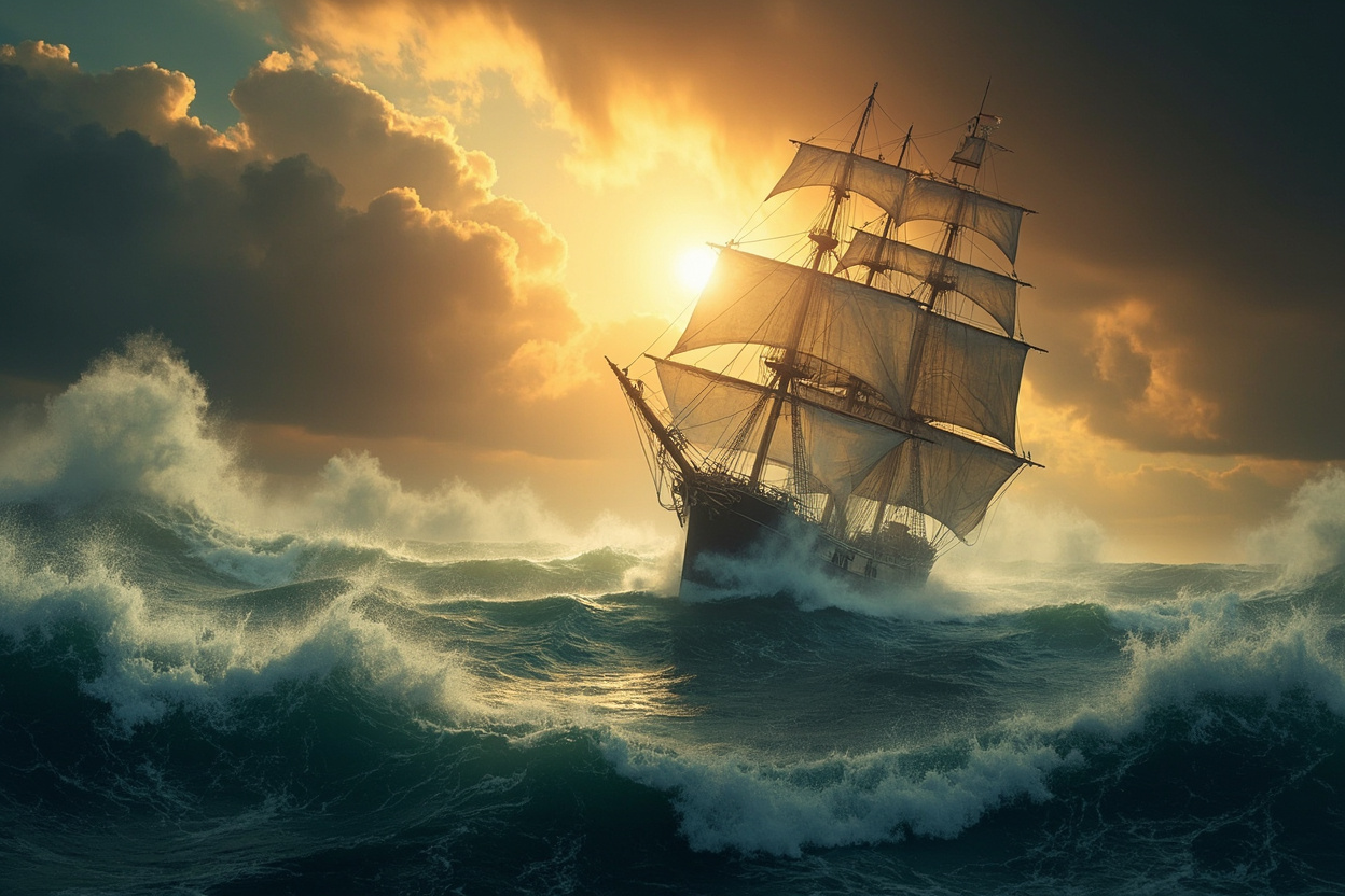 A ship navigating through a stormy sea, symbolizing Kubernetes troubleshooting.