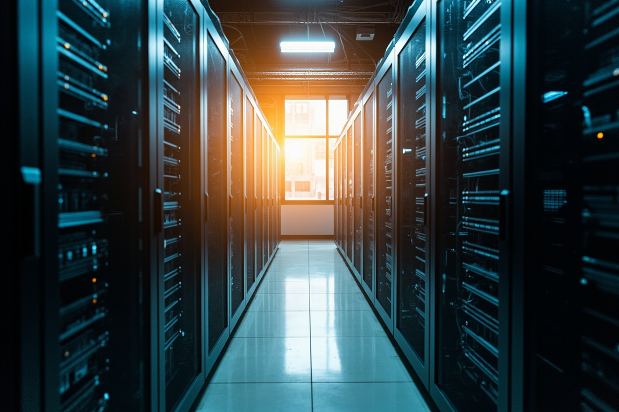 A server room representing the complexity of Kubernetes troubleshooting, with blurred background and warm lighting.