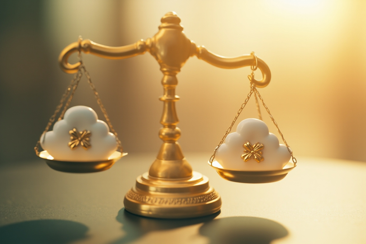 Concept image of a balanced scale with cloud icons, symbolizing Kubernetes cost optimization and resource management.