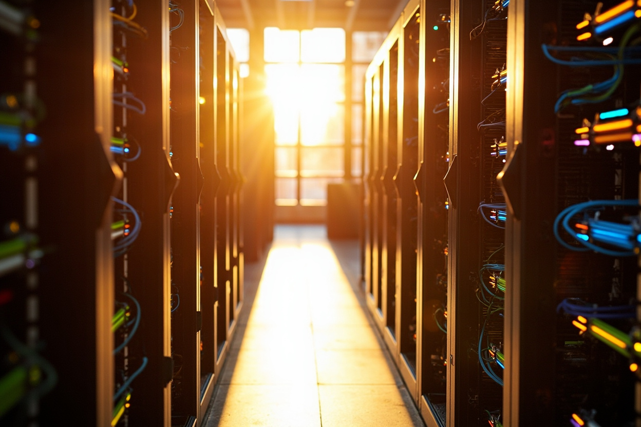 Server racks representing Kubernetes cluster performance, monitored for efficiency and health.