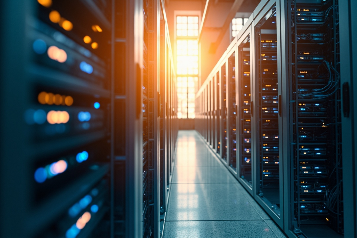 Interconnected server racks symbolizing Kubernetes multicluster management, showing streamlined operations and enhanced resource utilization.