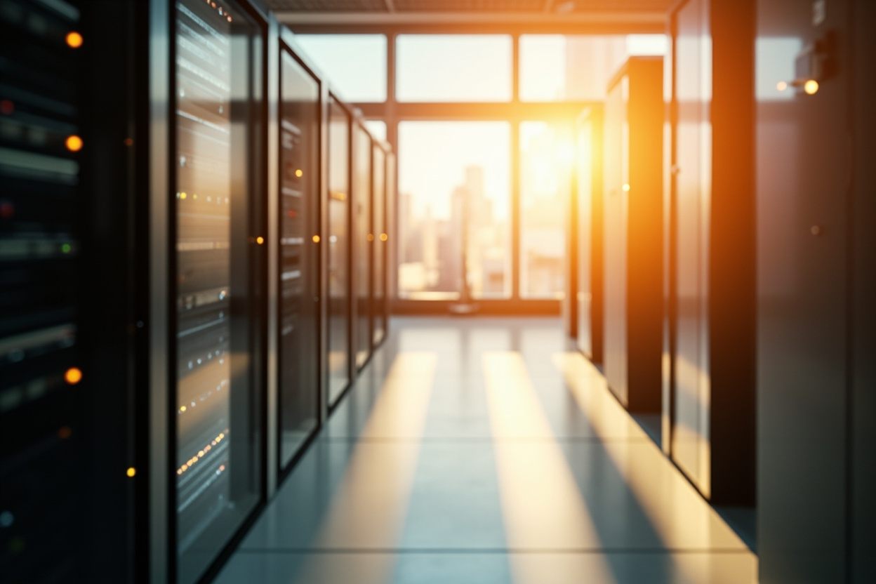 A modern server room symbolizes the optimized performance of Vite builds using the Cloudflare Vite plugin.