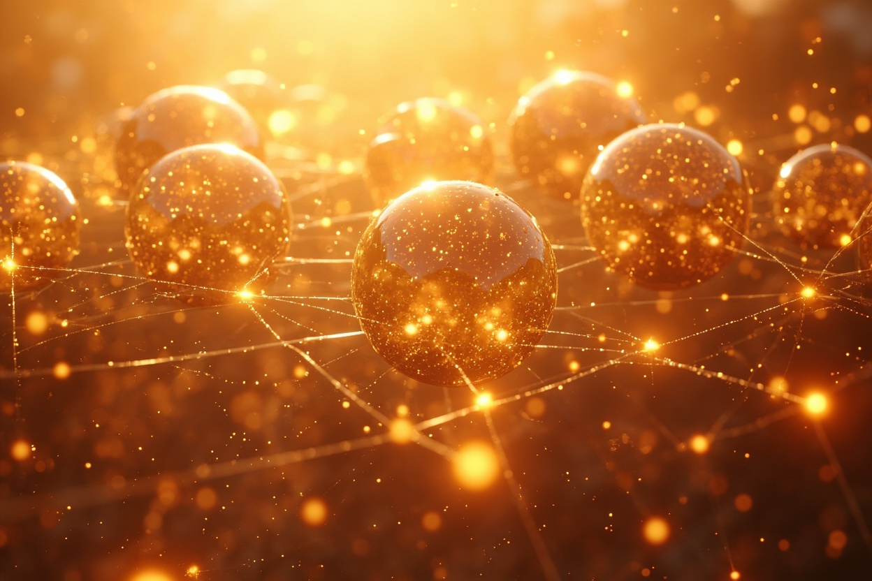 Interconnected digital nodes representing digital solutions, emphasizing practical applications and problem-solving.