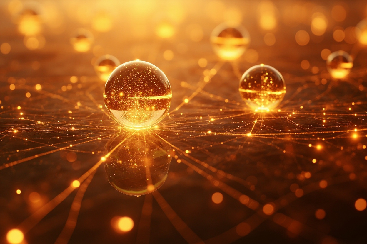 Interconnected digital nodes representing innovation and digital solutions.