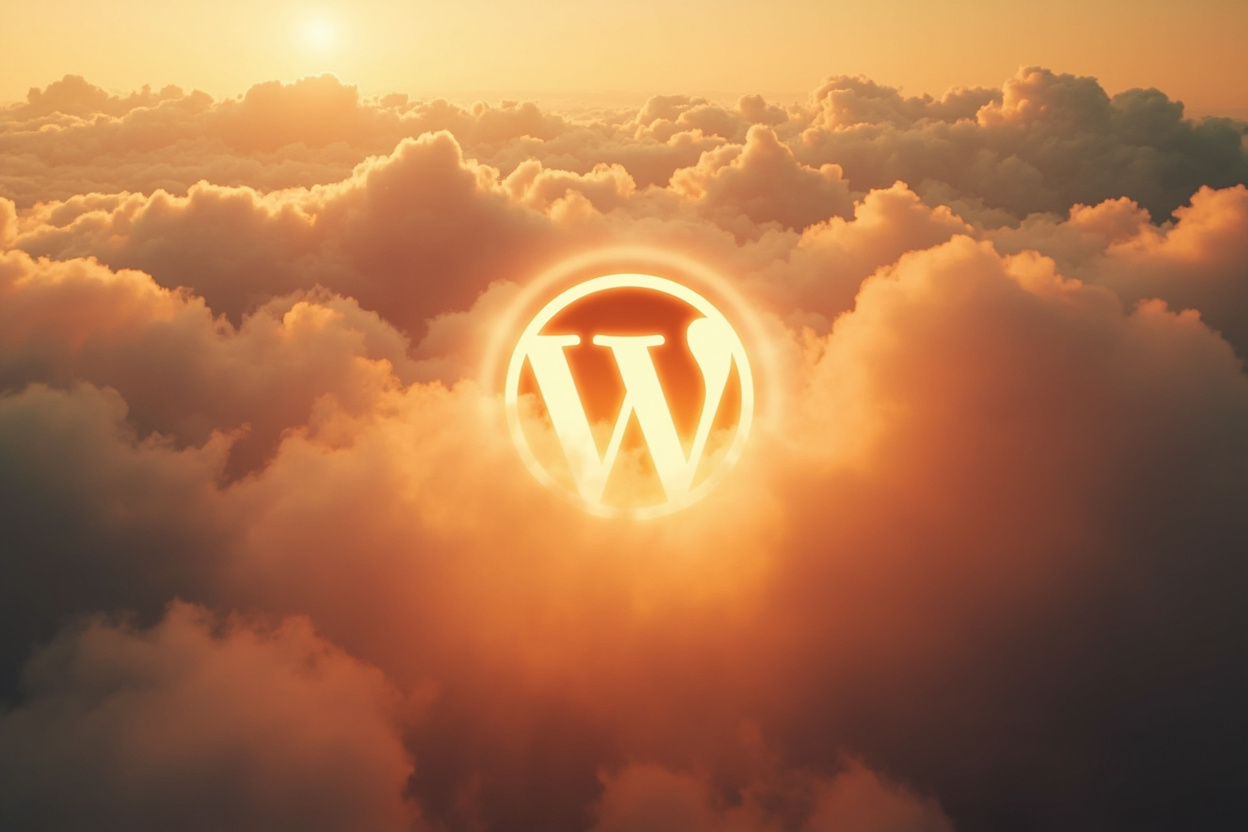 WordPress logo floating on clouds, symbolizing website hosting on Google Cloud Platform.